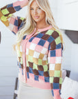 Checker Textured Knit Button Front Cardigan Sweater