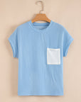 Colorblock Corded Knit Pocketed Crew Neck T-Shirt