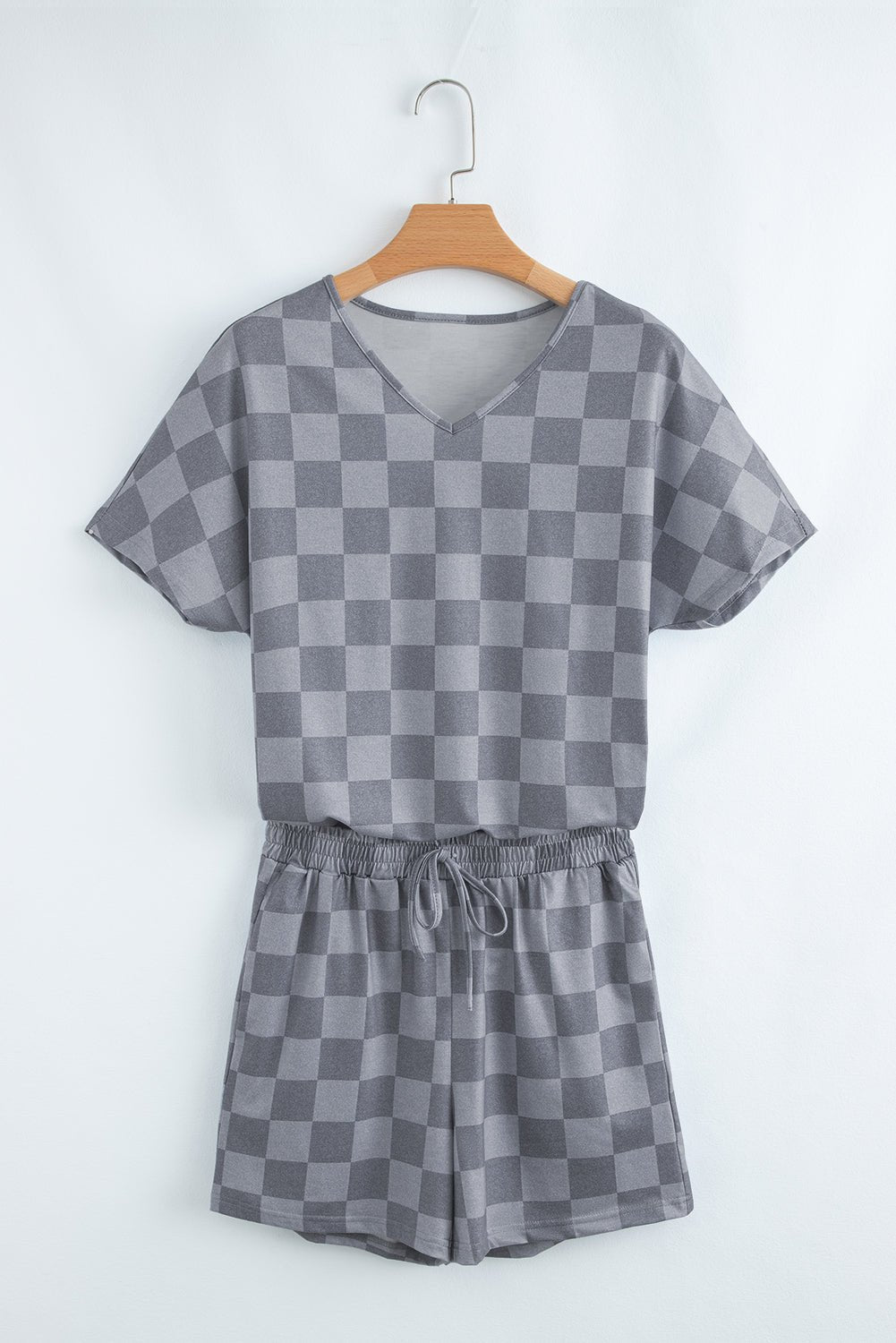 Checker V-Neck Tee &amp; Drawstring Shorts Set