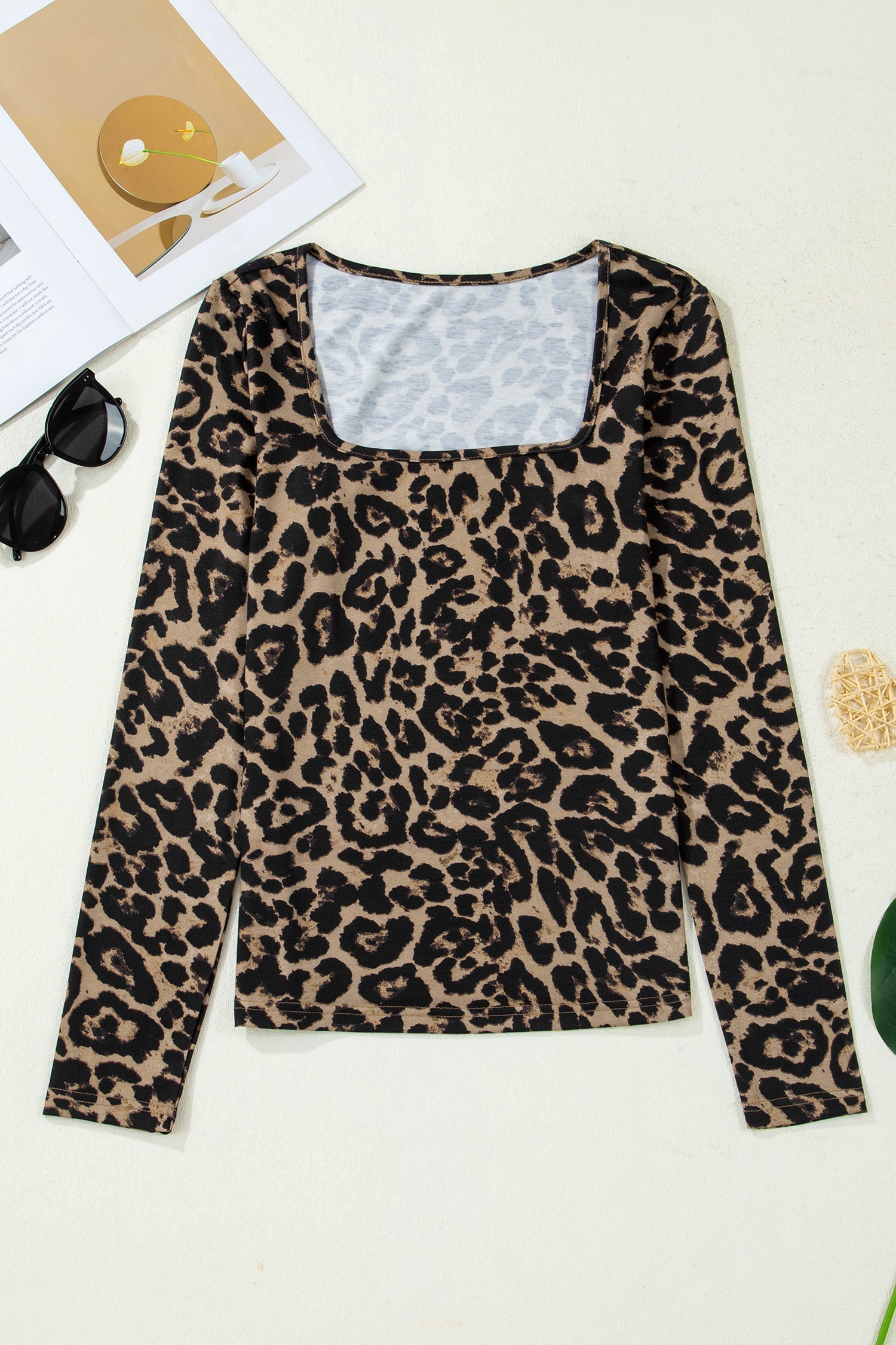 Leopard &amp; Floral Square Neck Long Sleeve T-Shirt