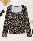 Leopard & Floral Square Neck Long Sleeve T-Shirt