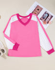 Bonbon Lace Striped Patchwork Long Sleeve Corded V Neck Plus Size Top