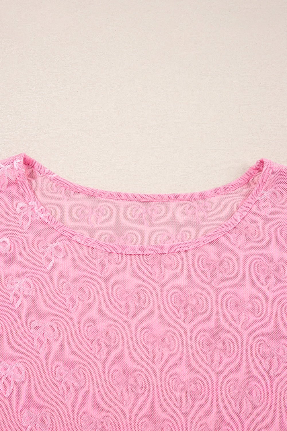 Pink Plus Size Bow Embroidered Mesh Long Sleeve Top