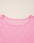 Pink Plus Size Bow Embroidered Mesh Long Sleeve Top
