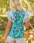 Floral Lace Trim Ruffle Sleeve Pleated Blouse