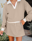 Colorblock Raw Edge Pullover and Drawstring Skirt Set
