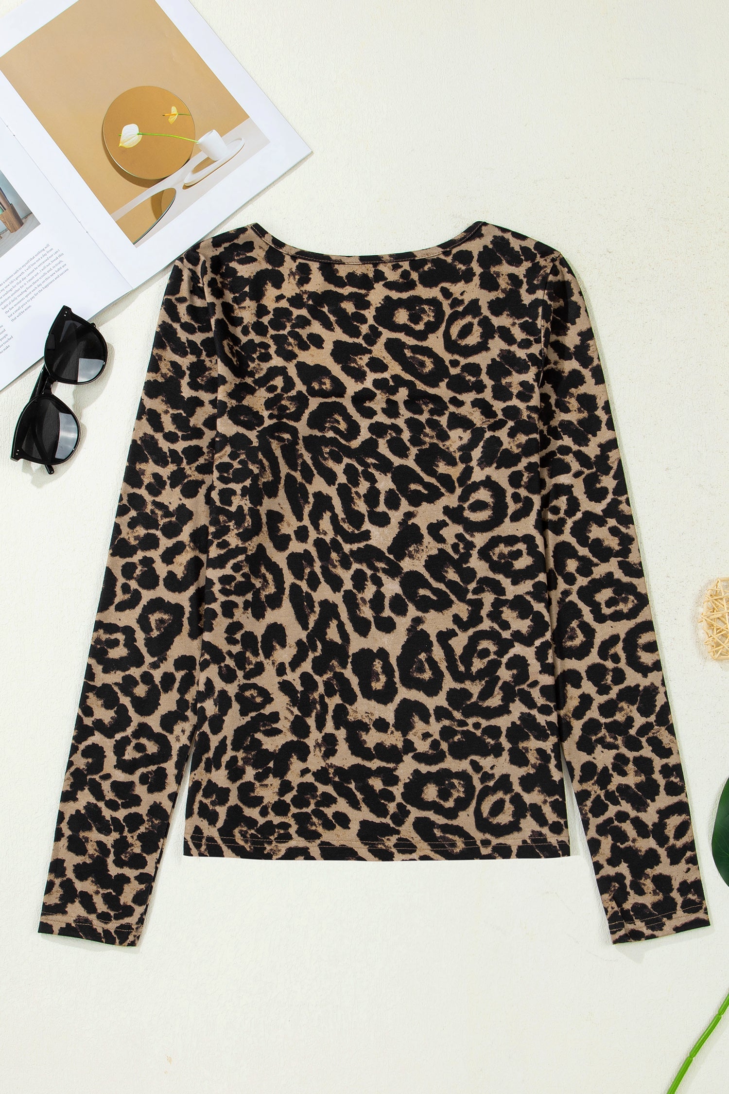 Leopard &amp; Floral Square Neck Long Sleeve T-Shirt