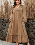 Plus Size Smocked V-Neck Leopard Piping Maxi Dress