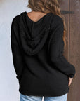 Solid Ribbed Drop Shoulder Hooded V-Neck Sweater