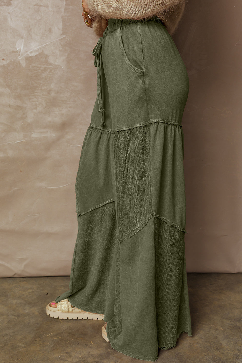 Mineral Wash Patchwork Tiered Wide Leg Pants