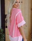 Colorblock 3/4 Sleeve Raw Seam High-Low Top