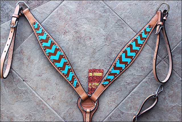HILASON Western Horse Genuine Leather Headstall &amp; Breast Collar Set Turquoise &amp; Brown Zigzag