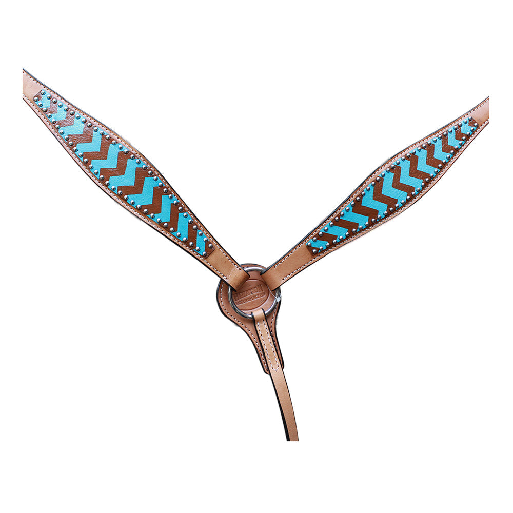 HILASON Western Horse Leather Headstall and Breast Collar Set Turquoise and Brown Zigzag| Headstall Bridle for Horses Western | Horse Headstall Bridle | Western Headstalls Bridle for Horses