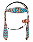HILASON Western Horse Leather Headstall and Breast Collar Set Turquoise and Brown Zigzag| Headstall Bridle for Horses Western | Horse Headstall Bridle | Western Headstalls Bridle for Horses