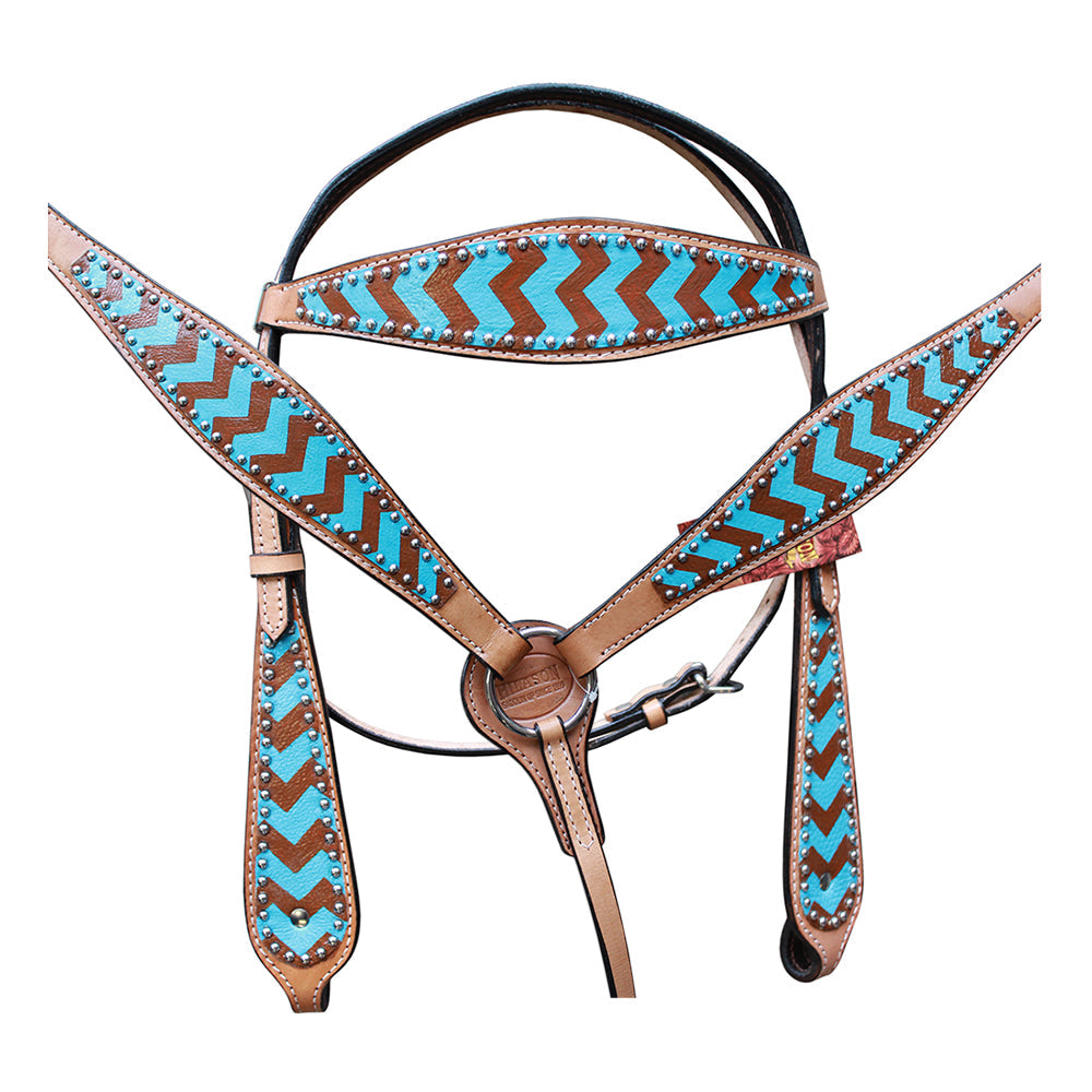 HILASON Western Horse Genuine Leather Headstall &amp; Breast Collar Set Turquoise &amp; Brown Zigzag