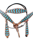 HILASON Western Horse Leather Headstall and Breast Collar Set Turquoise and Brown Zigzag| Headstall Bridle for Horses Western | Horse Headstall Bridle | Western Headstalls Bridle for Horses