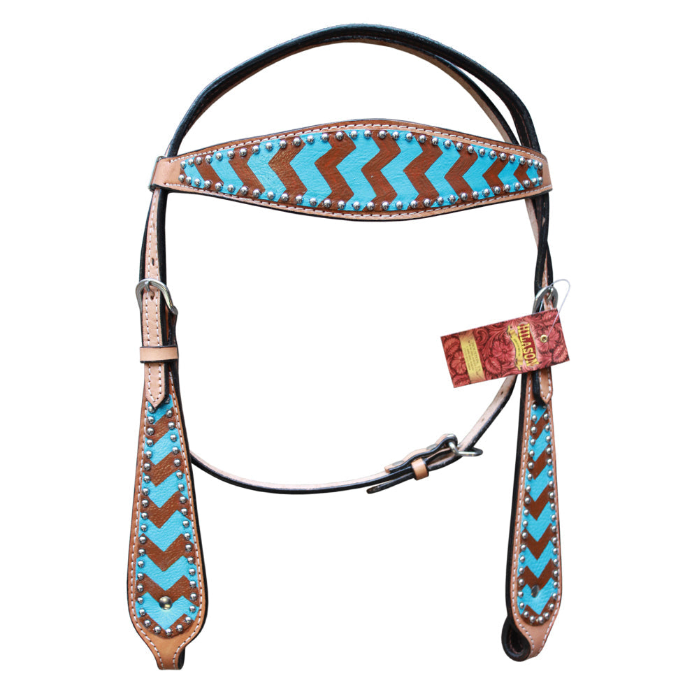 HILASON Western Horse Genuine Leather Headstall &amp; Breast Collar Set Turquoise &amp; Brown Zigzag