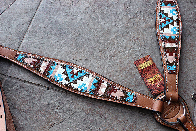 HILASON Western Horse Genuine Leather Headstall &amp; Breast Collar Set Geometry