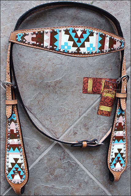 HILASON Western Horse Genuine Leather Headstall &amp; Breast Collar Set Geometry