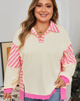 Pink Stripe Contrast Polo Collar Drop Shoulder Patchwork Plus Size Pullover