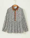Plus Size Leopard Contrast Trim Puff Sleeve Blouse