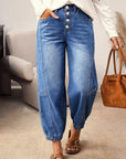 Denim Buttoned Fly Tapered Barrel Leg Jeans