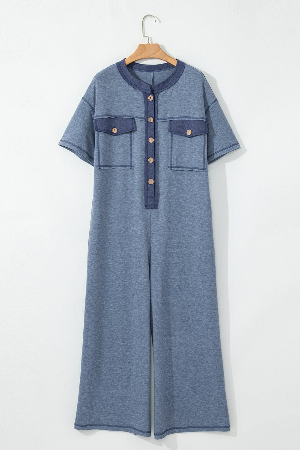 Half Placket Chest Pockets Wide Leg Jumpsuit