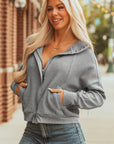 Waffle Zip Up Snap Button Hooded Jacket