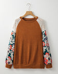 Floral Ribbed Patchwork Long Sleeve Blouse
