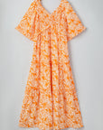 Floral Smocked V-Neck Wide Sleeve Maxi Dress