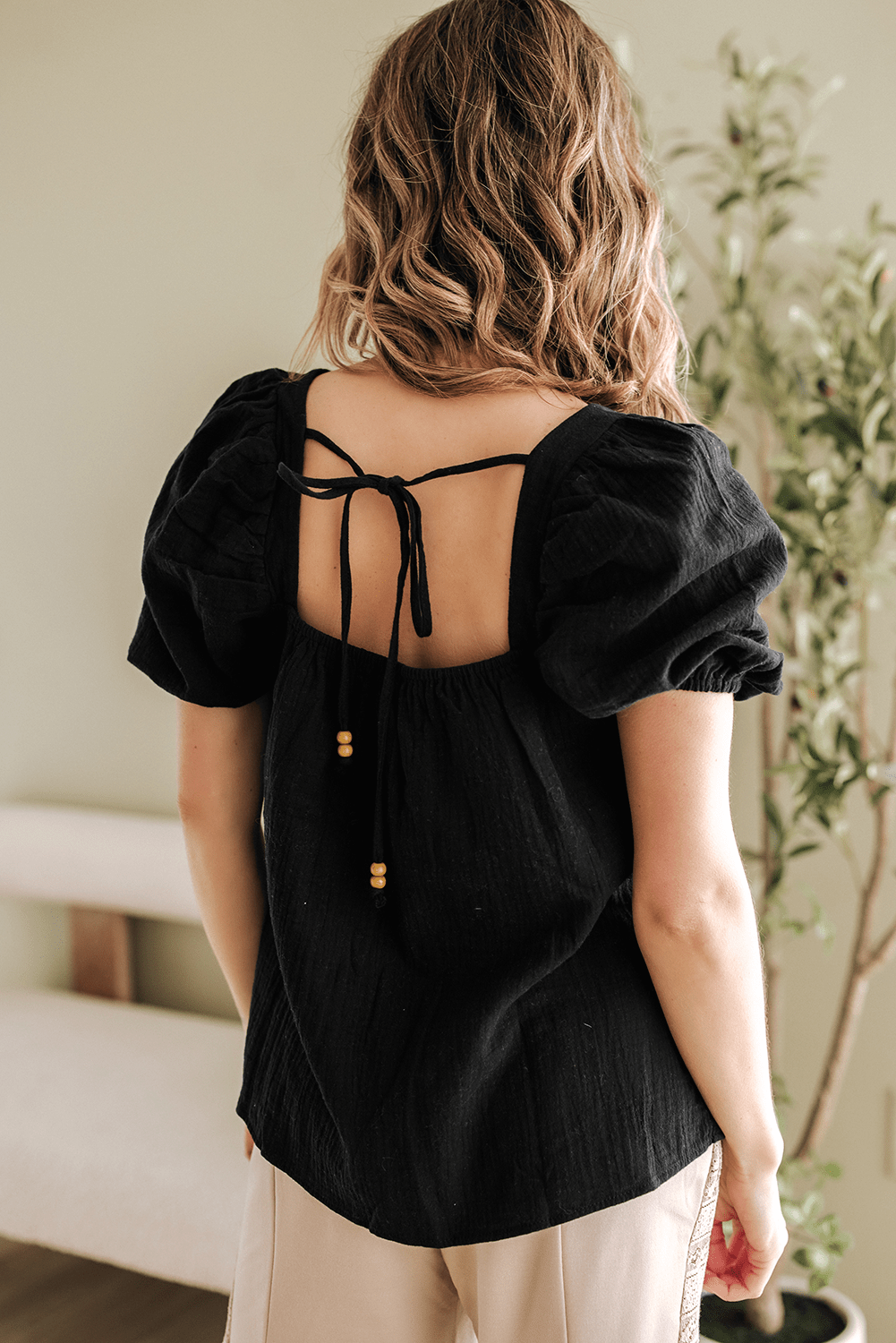 DAVINA CROCHET SQUARE NECK TEXTURED SHORT SLEEVE BLOUSE