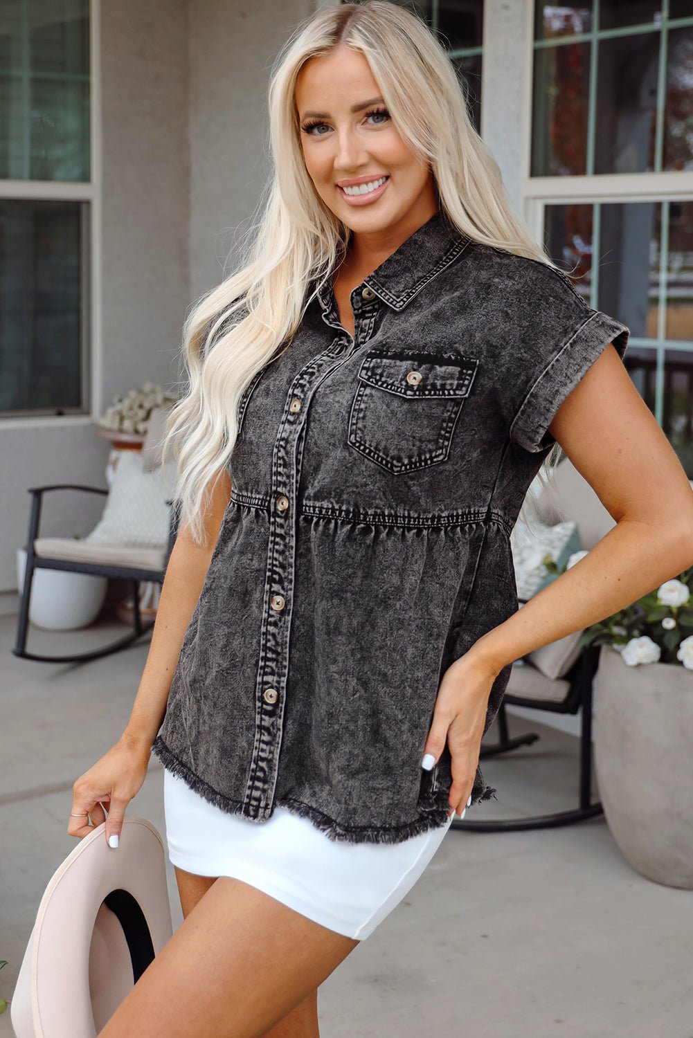 Chaya Flap Pocket Button Up Raw Hem Denim Shirt