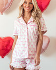 Bow Short Sleeve and Ruffled Shorts Pajama Set