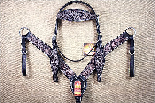 HILASON Western Horse Headstall &amp; Breast Collar Tack Genuine American Leather Floral Rough Out Black
