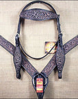 HILASON Western Horse Headstall & Breast Collar Tack Genuine American Leather Floral Rough Out Black