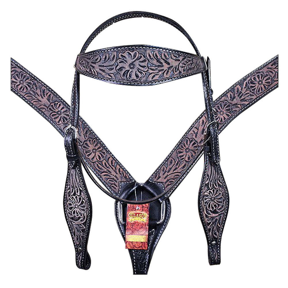 HILASON Western Horse Headstall &amp; Breast Collar Tack Genuine American Leather Floral Rough Out Black