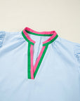 Colorblock Contrast Stripe V-Neck Puff Sleeve Mini Dress
