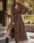 Solid Buttoned V-Neck Long Sleeve Tiered Maxi Dress