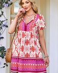 Boho Floral Lace-Up V-Neck Mini Dress