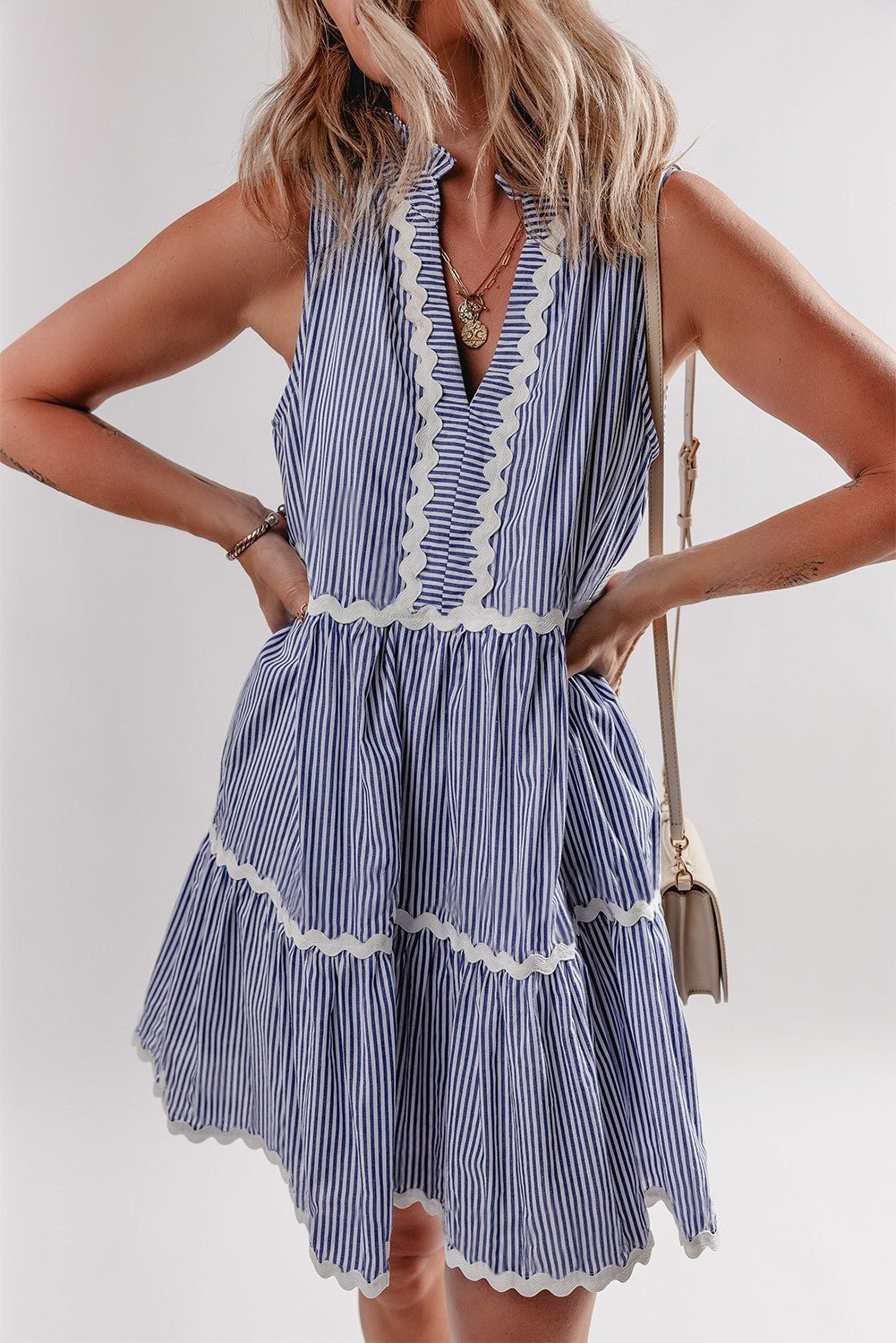 Macie Sleeveless Notched V Neck Ric Rac Dress