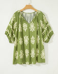 Plus Size Boho Floral Boho Notch V-Neck Top