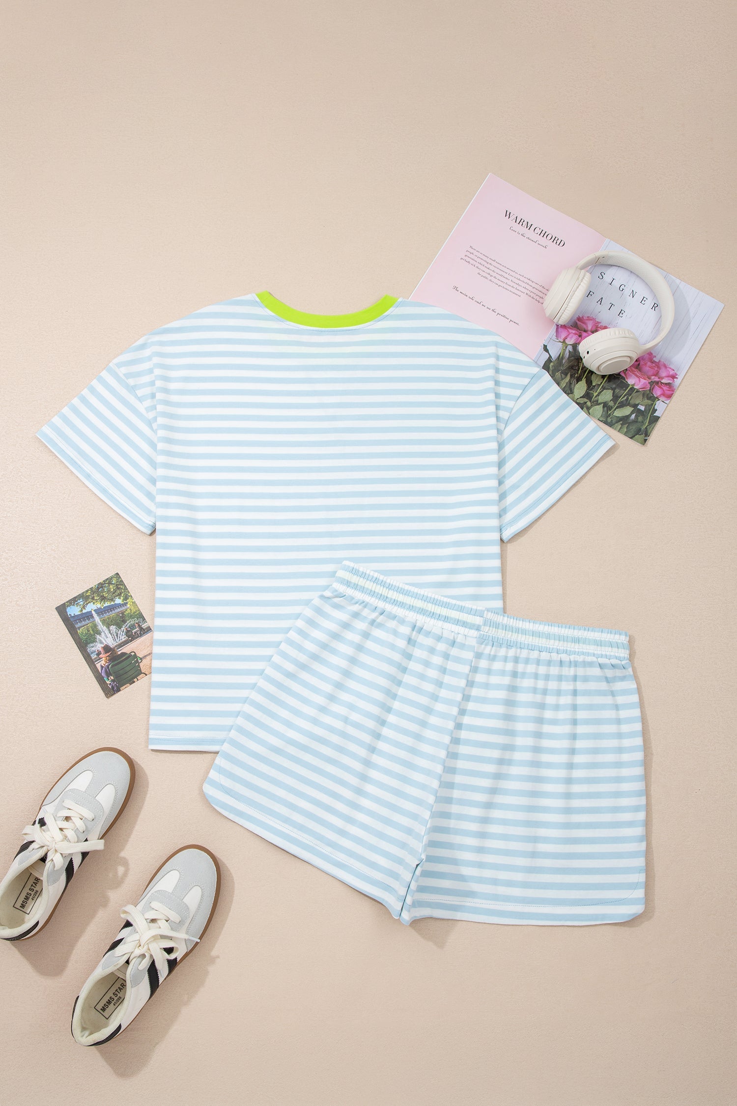 Stripe Contrast Trim Tee &amp; Drawstring Shorts Set