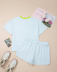 Stripe Contrast Trim Tee & Drawstring Shorts Set