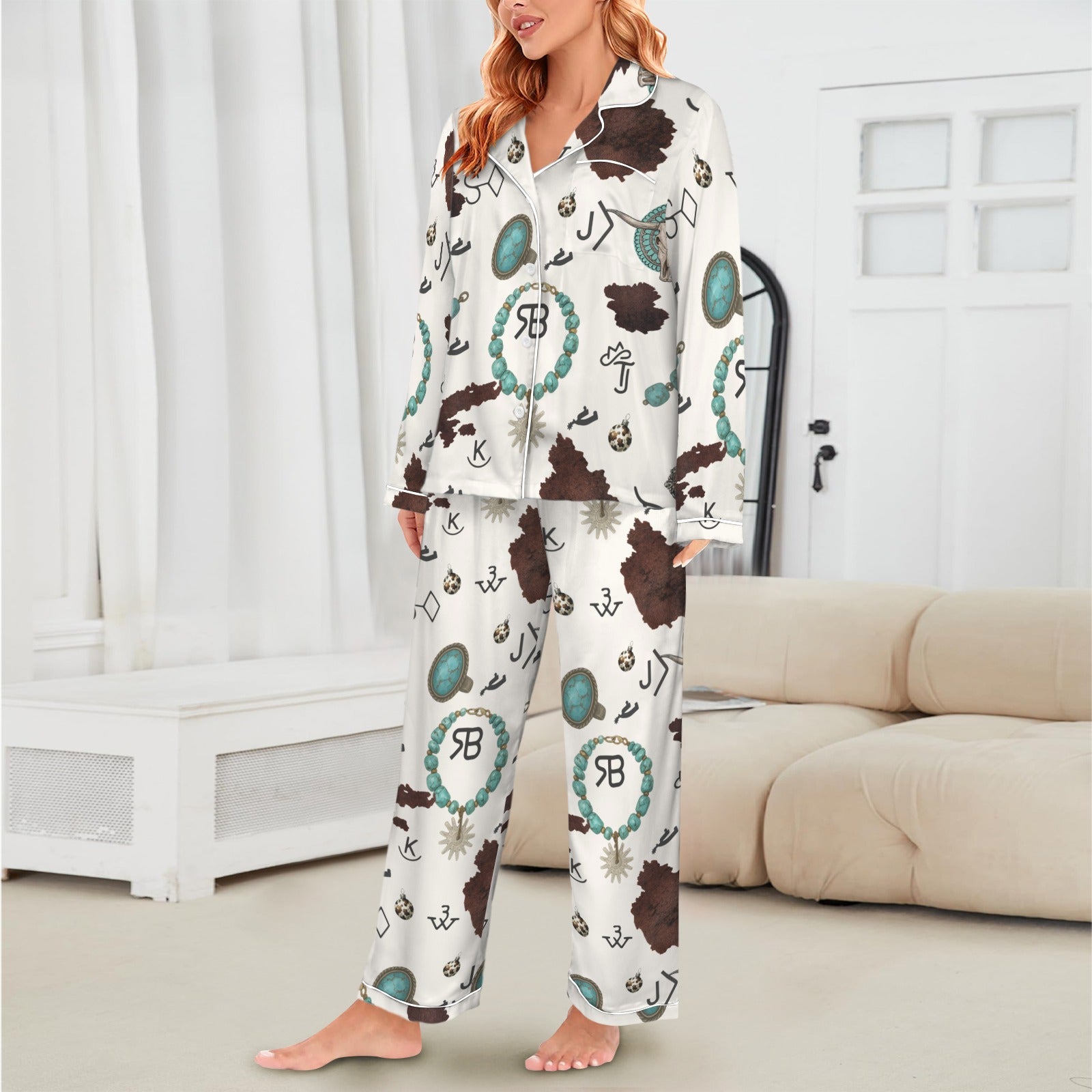 Baha Ranch Brands &amp; Turquoise Cowgirl Christmas Western Cowprint Satin Pajamas