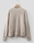 Waffle Knit Ribbed High Neck Drop Shoulder Sweater