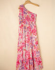 Abstract Floral One-Shoulder Shirred Maxi Dress