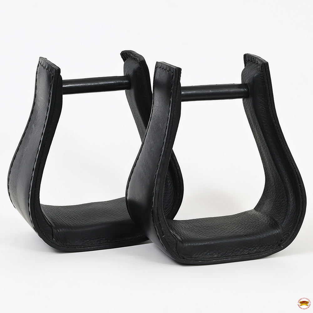 HILASON Western Saddle Black Leather Covered Horse Saddle Stirrups Pair | Leather Horse Stirrups | Full-Grain Leather Stirrups | Wide Tread Stirrups | Stable Riding Stirrups