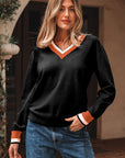 Varsity Stripe Contrast Trim V-Neck Sweater