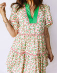Floral Ricrac Trim Contrast V-Neck Puff Sleeve Dress