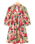 Floral Frilled Collar V-Neck 3/4 Sleeve Dress